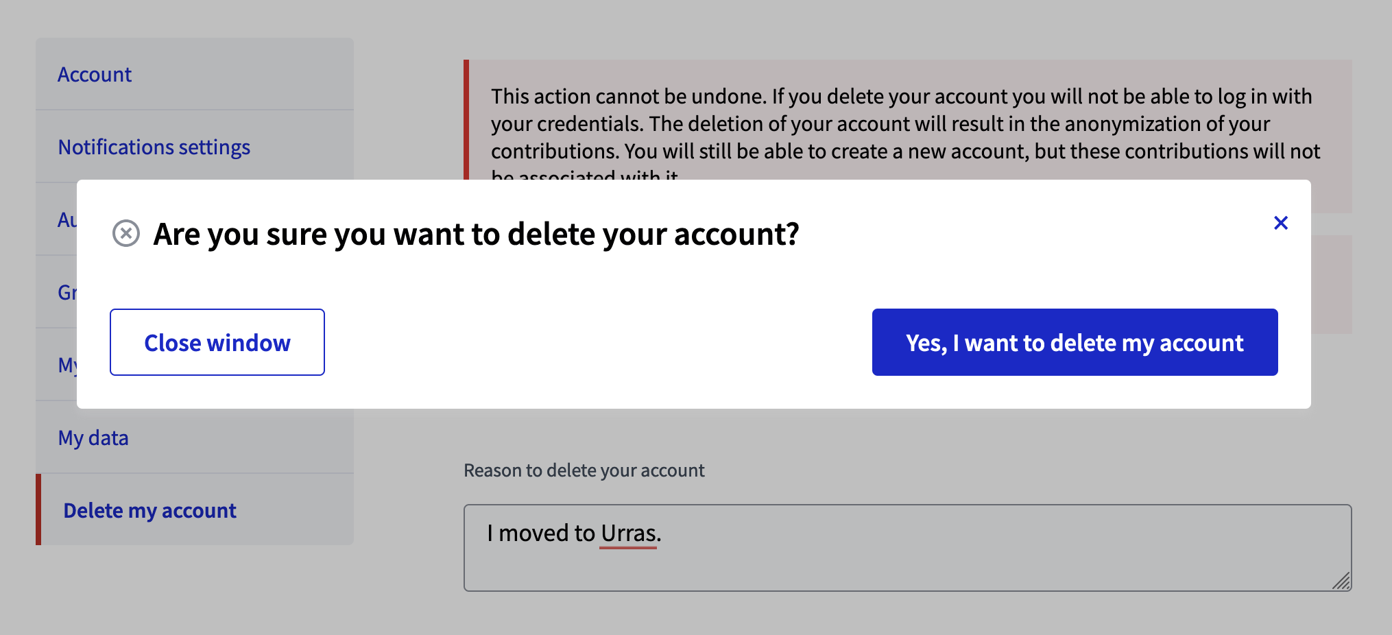 Account löschen bestätigen