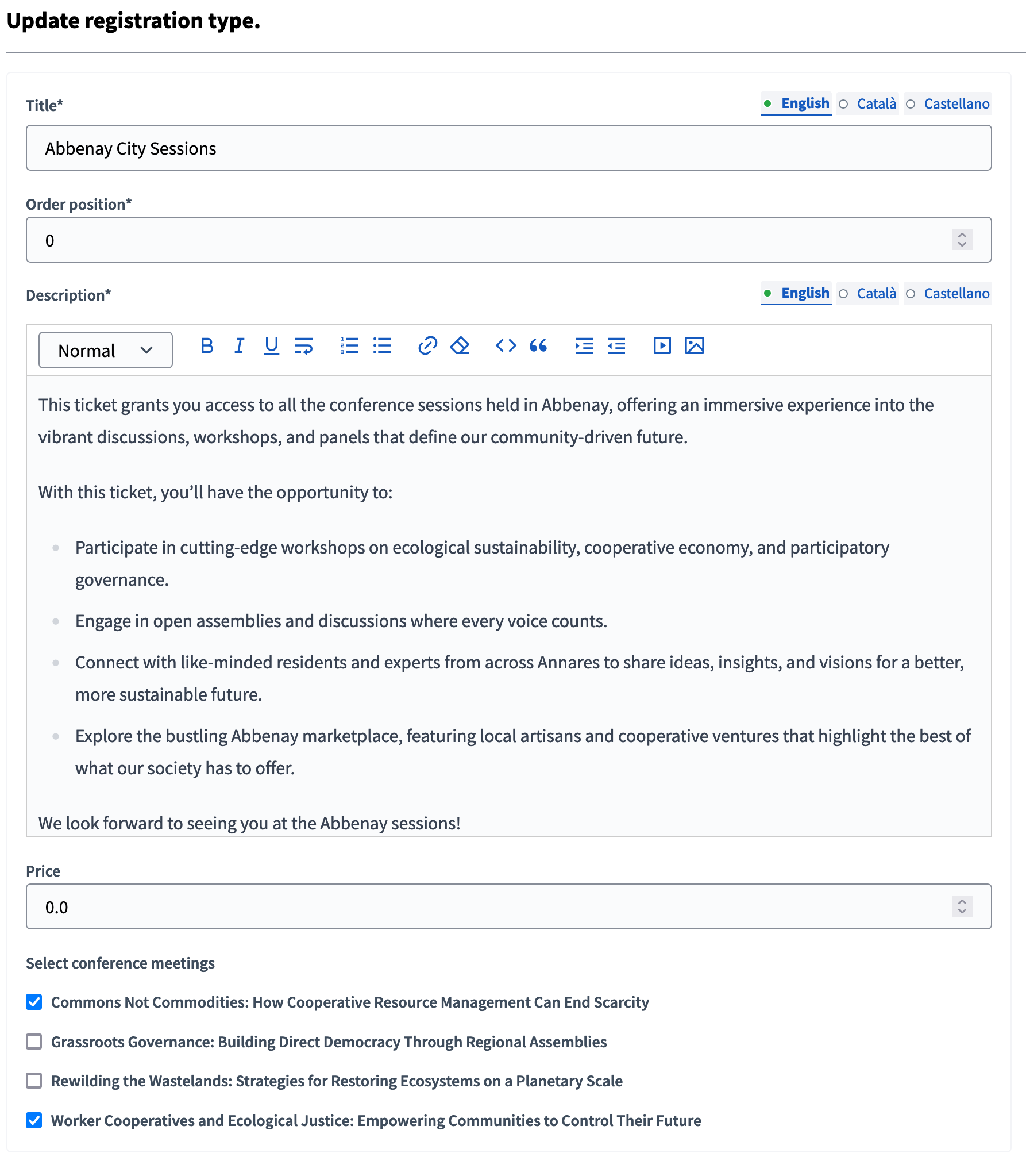 Create a new registration type form