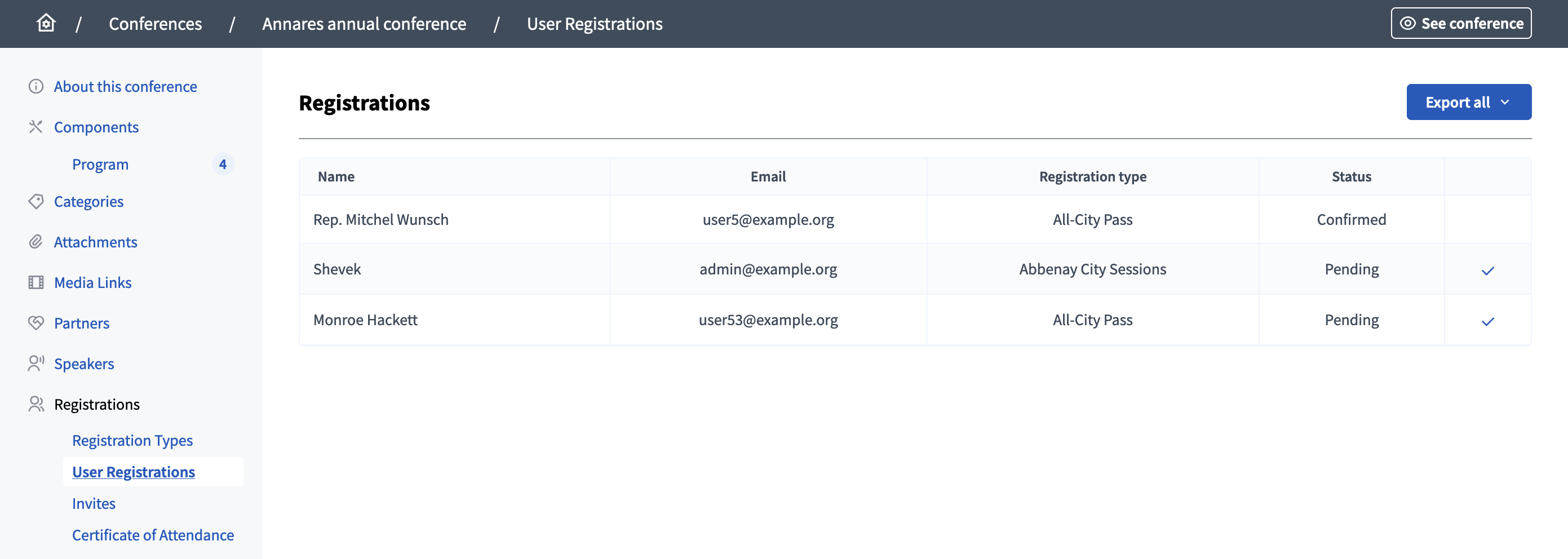 Conferences user registrations (backend)