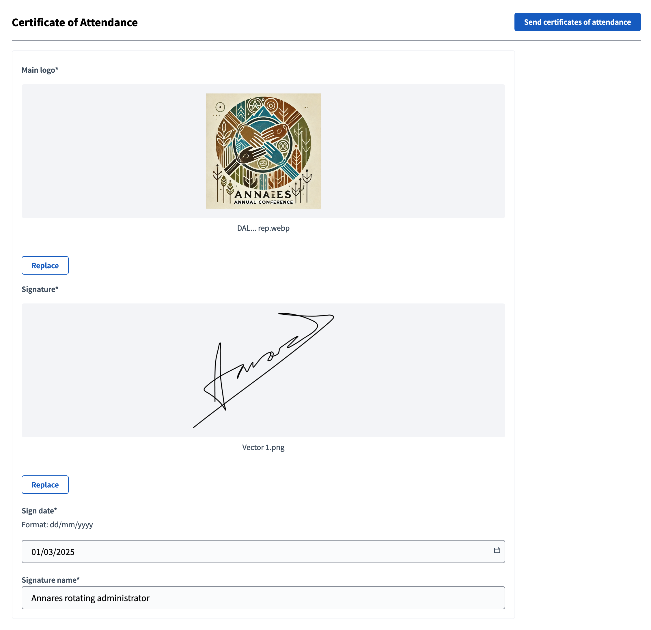 Conference Certificate of attendance backend