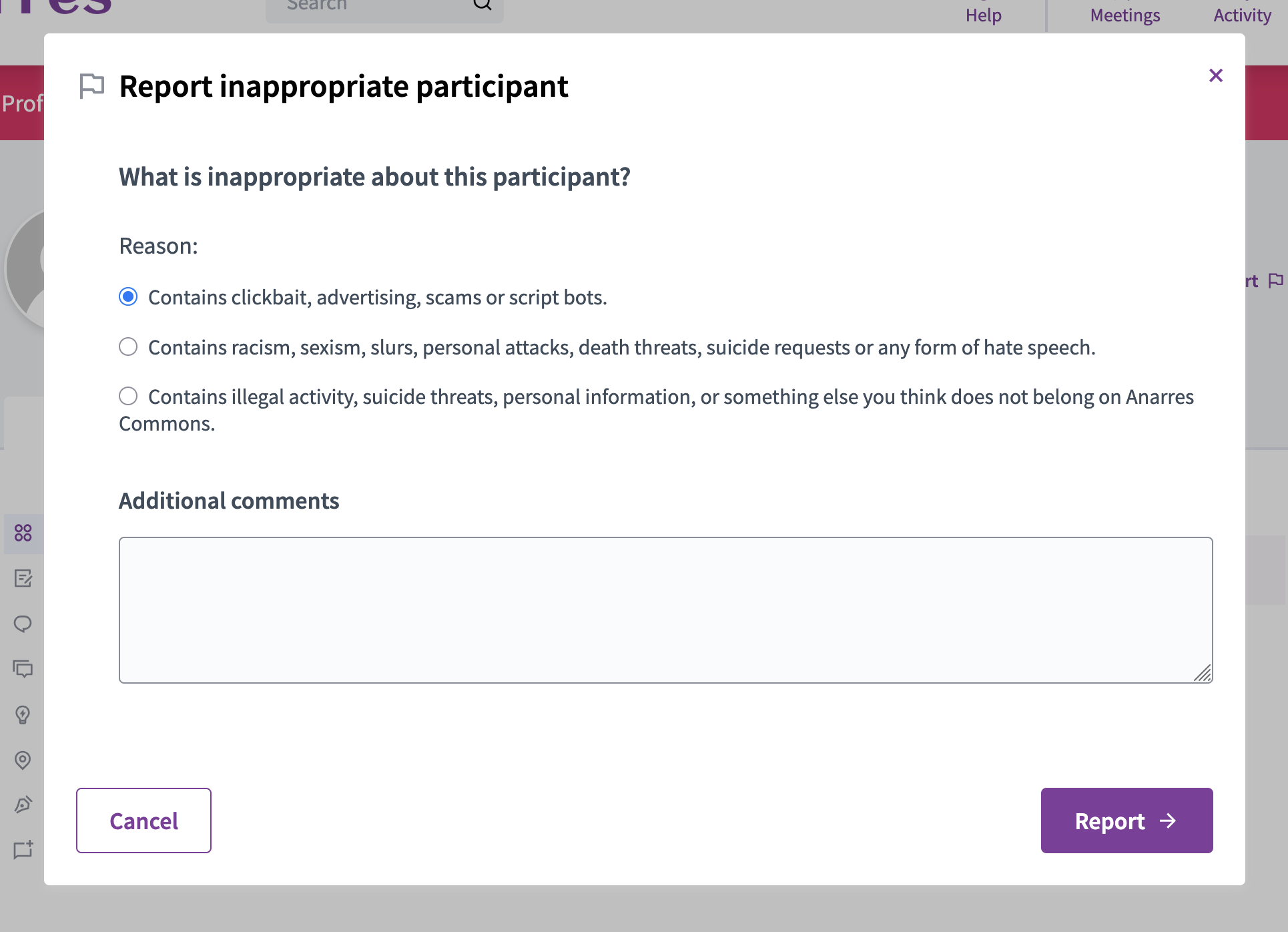Give reason for reporting a participant modal