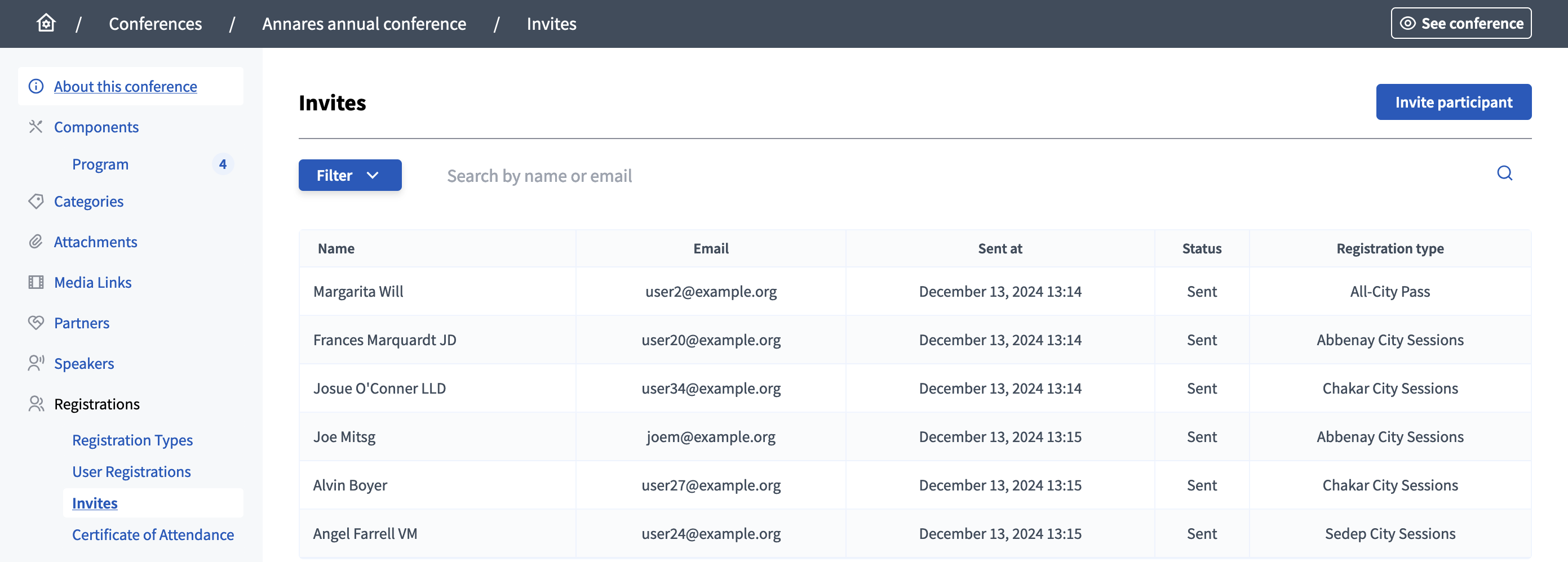 Conferences user invites in backend